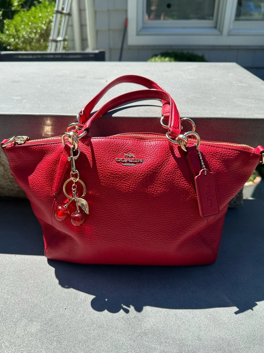 Coach Vibrant Red Soft  Pebbled Kelsey Leather Tote with Charm and Strap